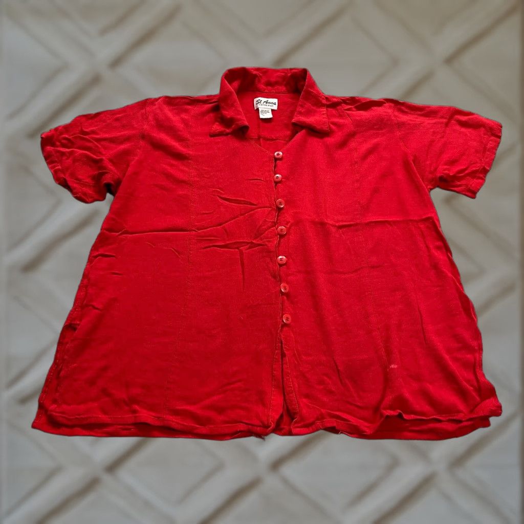 Vintage St Anna Collection Button Down Blouse Shirt Womens 40 Red Short Sleeve Rayon Top Size S / US 4 / IT 40 - 1 Thumbnail
