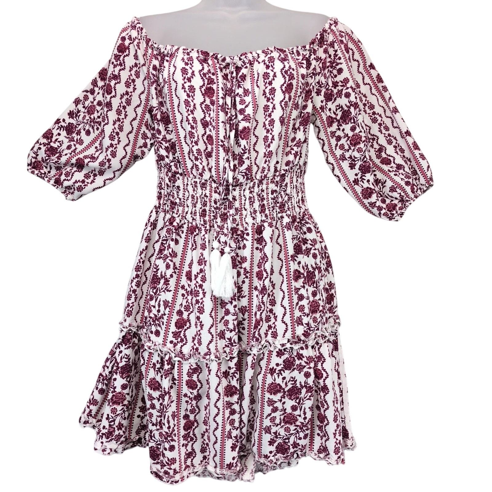 Other Justify Burgundy Floral Off-Shoulder Mini Peasant Dress XL Size XL / US 12-14 / IT 48-50 - 1 Thumbnail