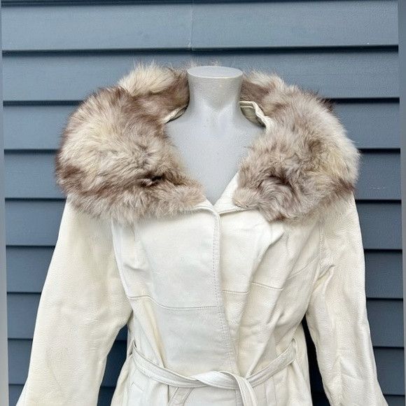 Other Vintage 60s Mod White Leather Fox Fur Collar Swing Coat Size L / US 10 / IT 46 - 2 Thumbnail
