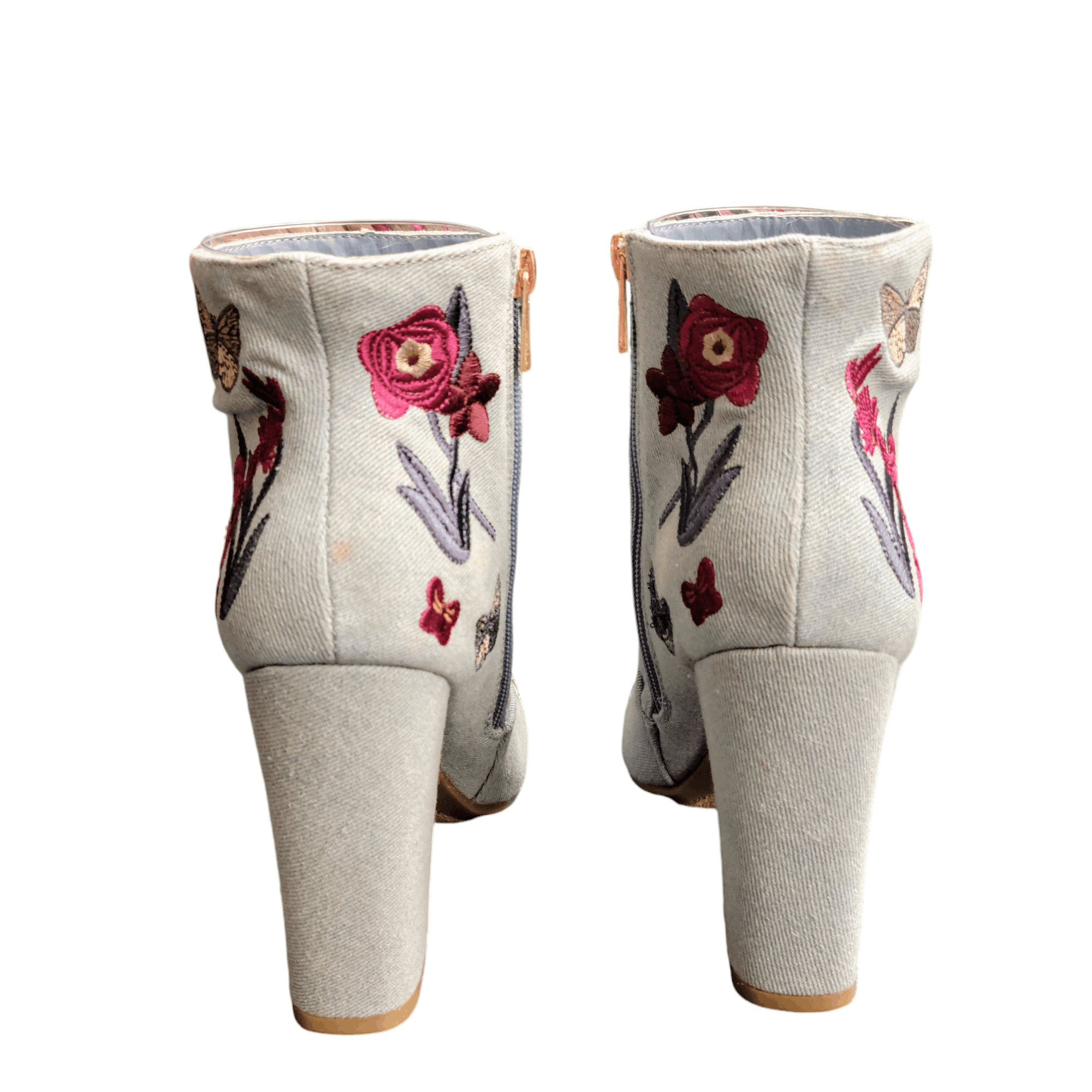 United Bamboo Bamboo Blue Embroidered Flowers & Butterfly Heeled Booties Size US 8 / IT 38 - 6 Thumbnail