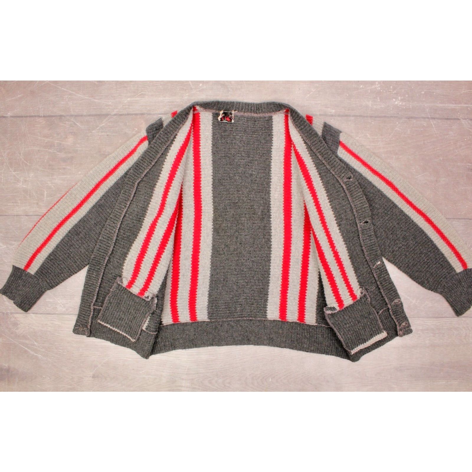 Vintage VTG Campus 60s Cardigan Mens M Grey Red Striped Acrylic Sweater 1960s Vintage Cardigan Men's Grey Red Striped Acrylic Sweater Size US M / EU 48-50 / 2 - 2 Thumbnail