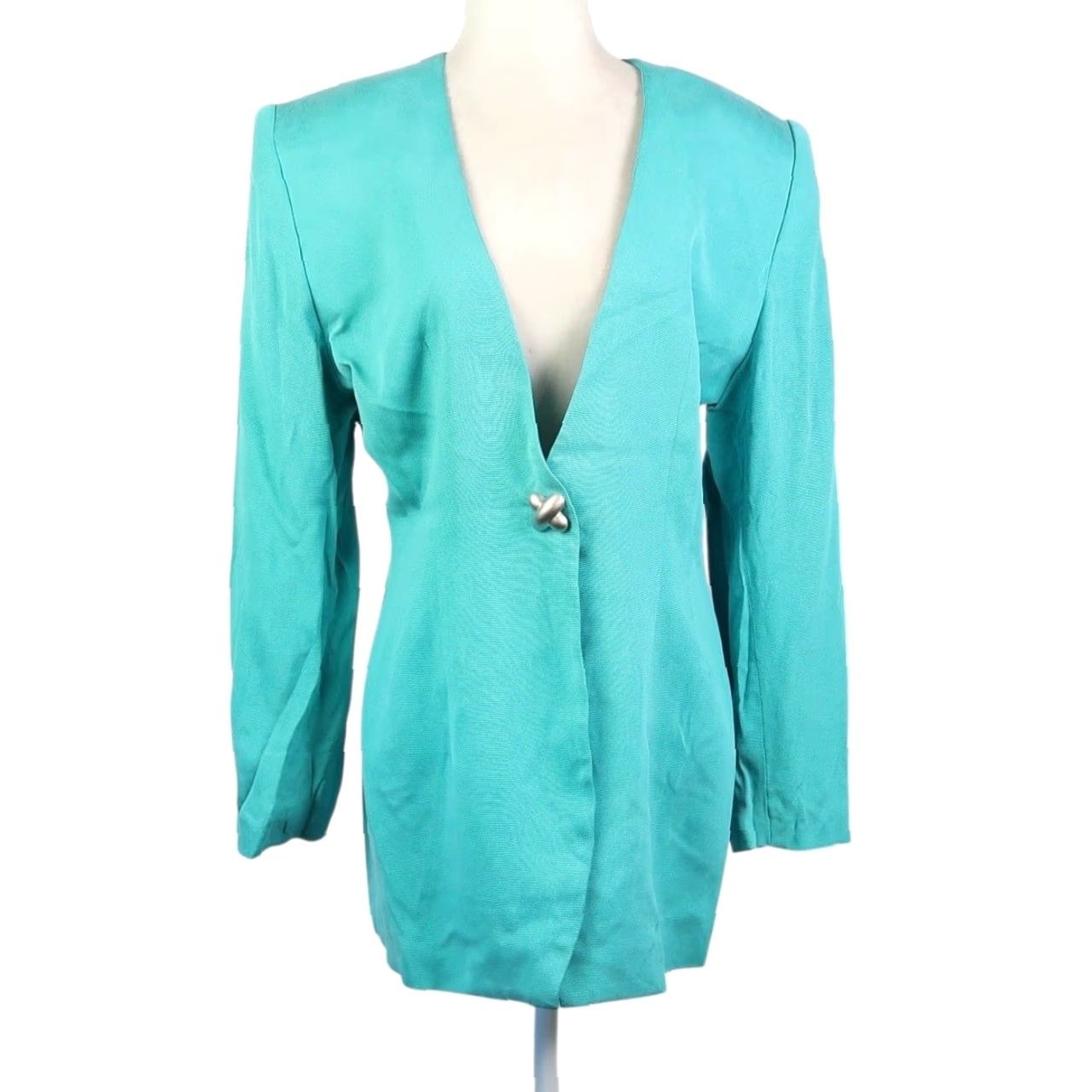 AQUA VINTAGE 80s Aqua Blue Silk Blazer Jacket Longline Collarless L Women Size L / US 10 / IT 46 - 2 Thumbnail