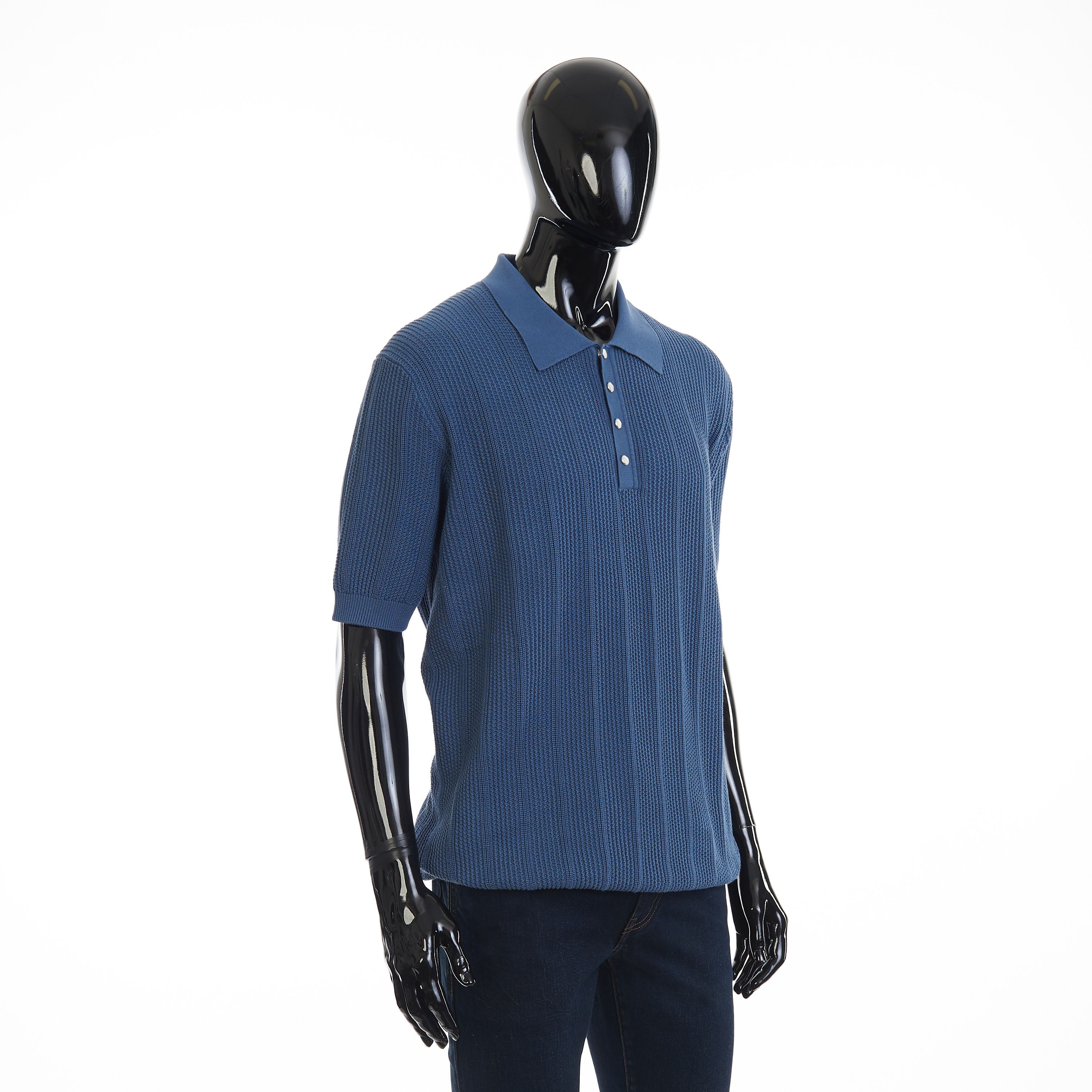 Brunello Cucinelli Textured Rib Knit Polo - Oxford Blue Cotton Size US XXL / EU 58 / 5 - 8 Thumbnail