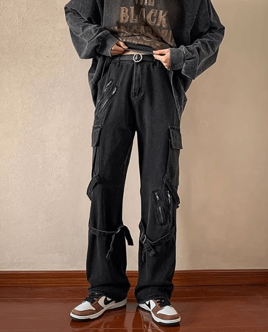 Japanese Brand Black strappy men's straight zippered cargo jeans Size US 32 / EU 48 - 1 Thumbnail