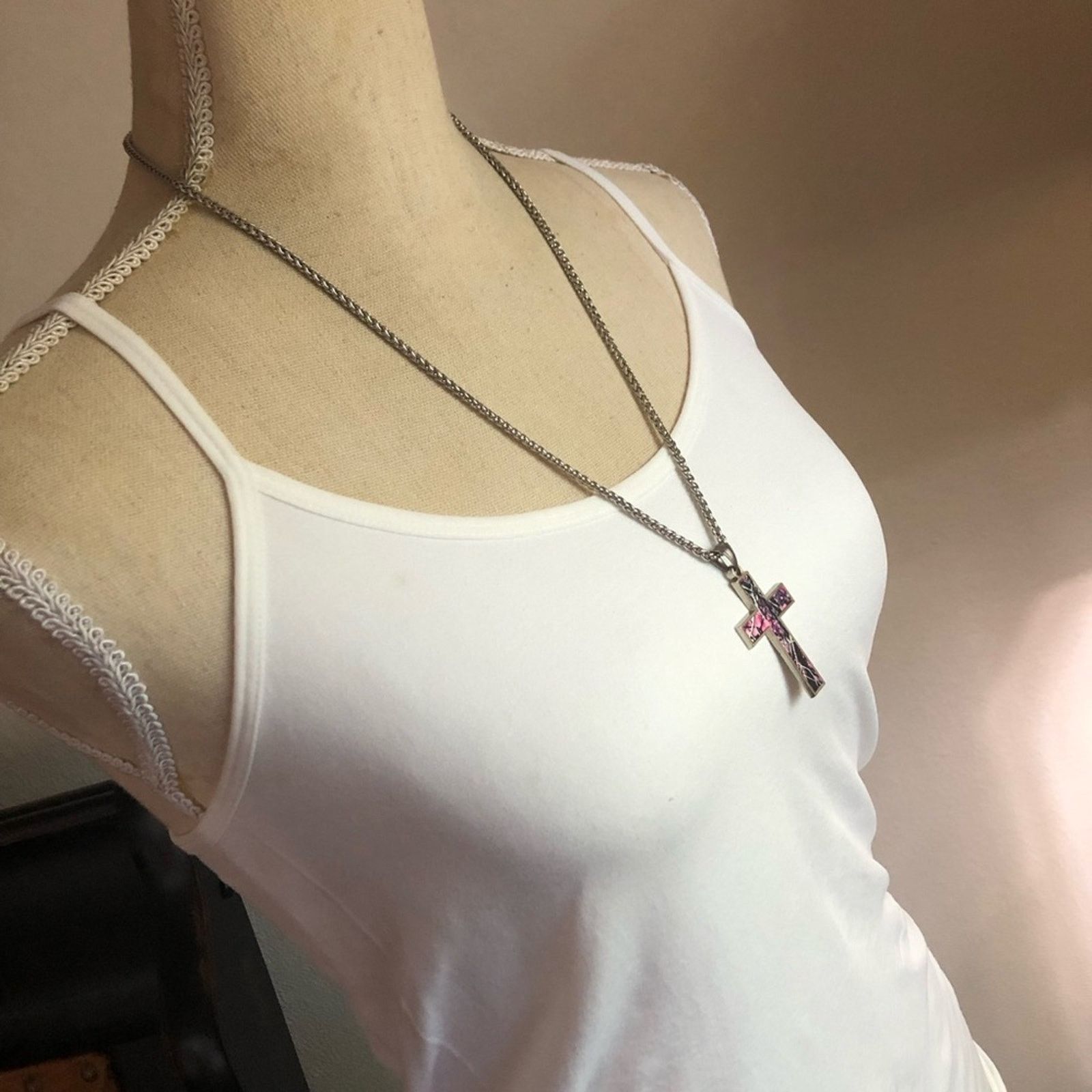 Jewelry Purple botanical print cross on chain necklace Size ONE SIZE - 3 Thumbnail