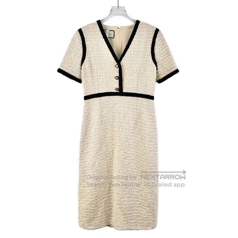 Gucci Beige tweed cotton V-neck single-breasted short-slee