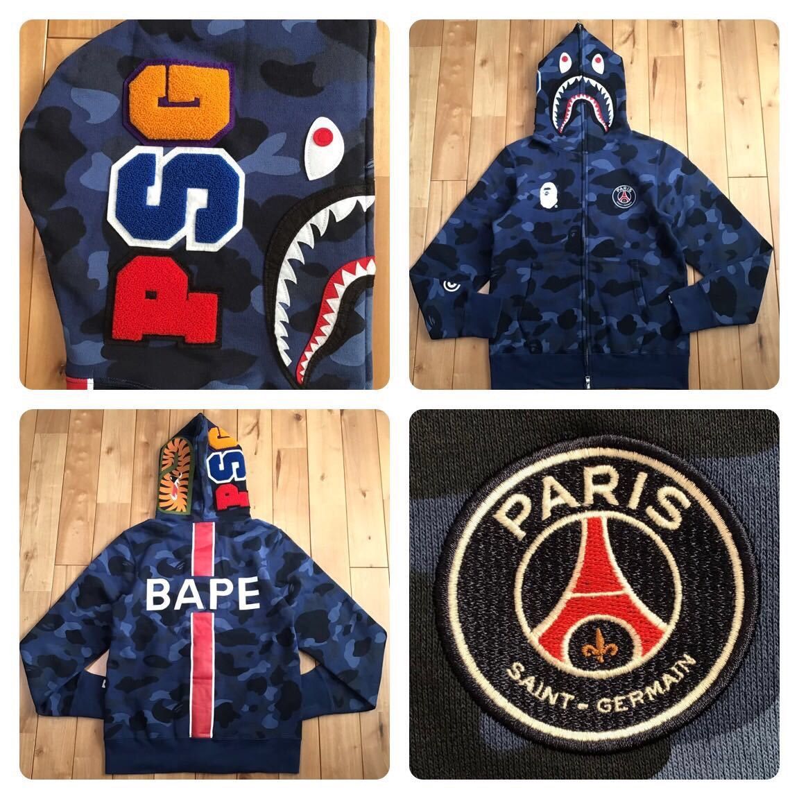 image of Bape × Psg Shark Full Zip Hoodie A Bathing Ape Blue Camo, Men's (Size Small)
