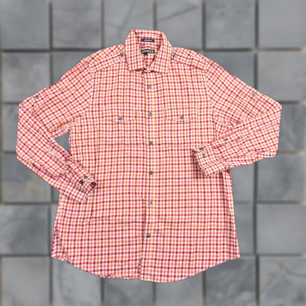 Express EXPRESS Men’s Medium Red Check Button-Up Long Sleeve Modern Fit Shirt Size US M / EU 48-50 / 2 - 1 Thumbnail