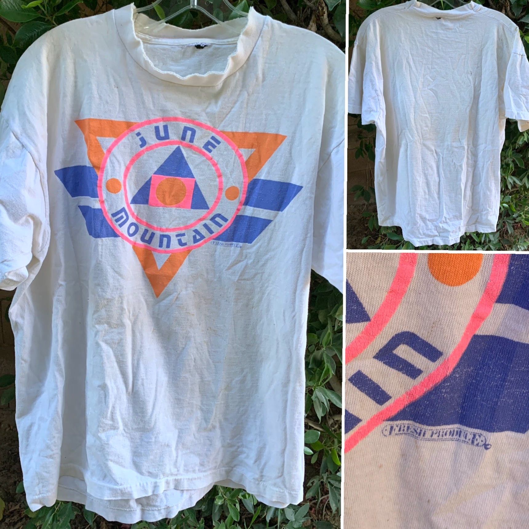 Vintage VINTAGE Fresh Produce T-Shirt Shirt One Size Womens White 1980s Neon Geometric Graphic Distressed Holes Cotton casual Size ONE SIZE - 7 Thumbnail