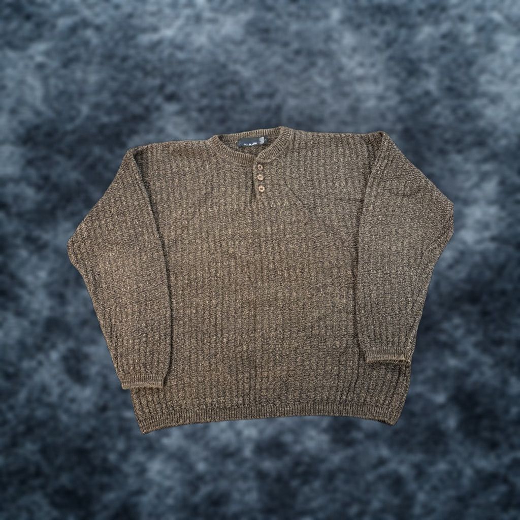 Bill Blass VINTAGE Bill Blass Sweater Mens Large Brown Chunky-Knit Henley Button 90s Kentucky? Size US L / EU 52-54 / 3 - 1 Thumbnail
