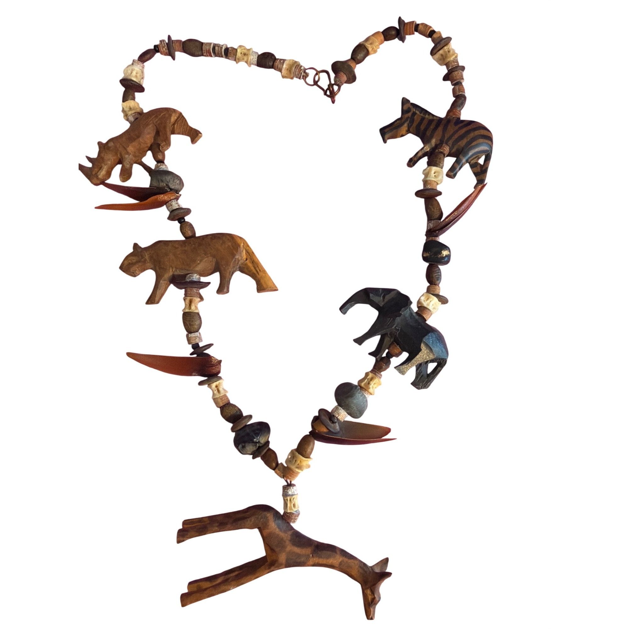 Other Vintage African Safari Animal Necklace Wood Carved Shell Nut Size ONE SIZE - 1 Thumbnail