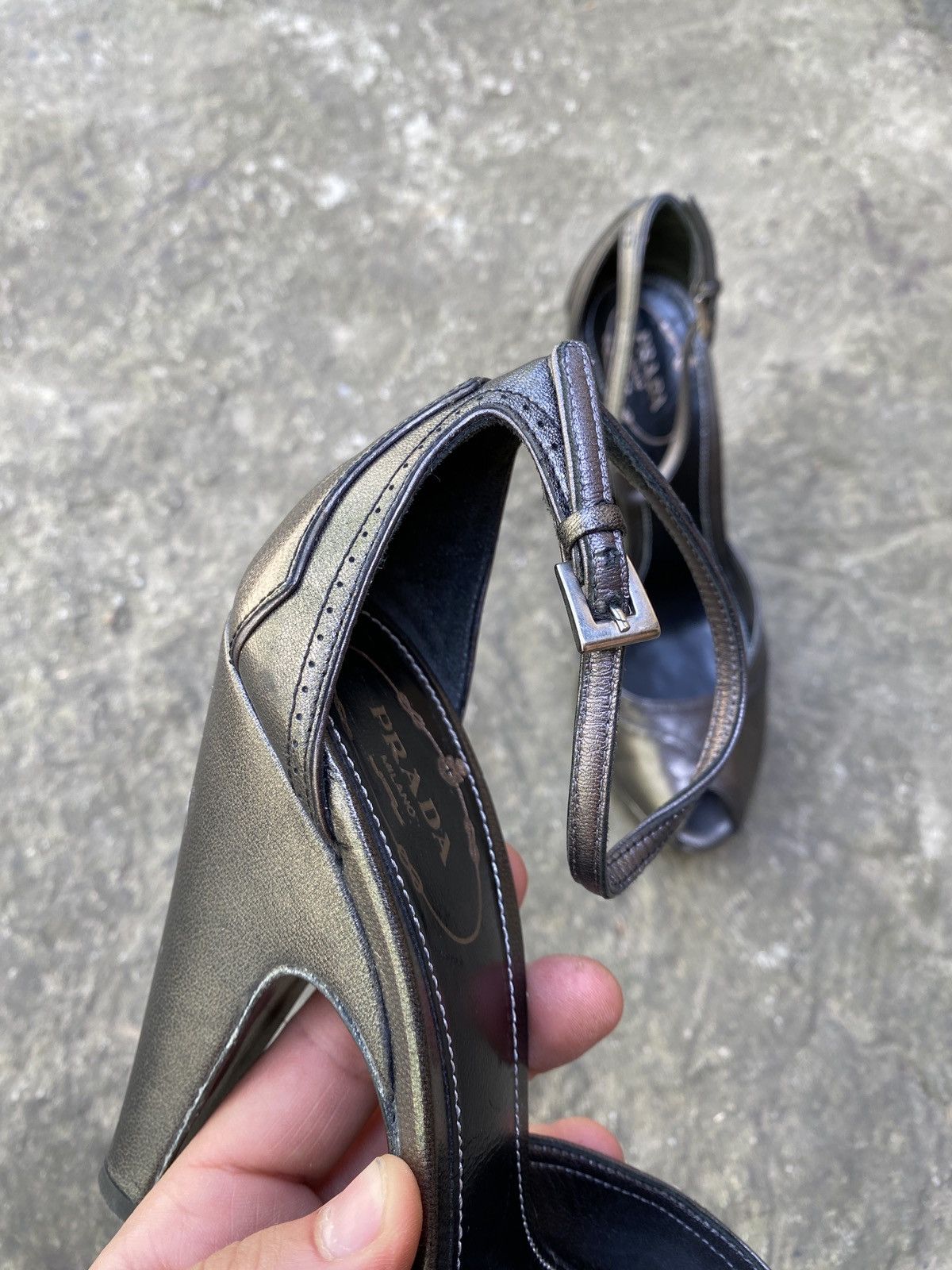 Prada Metallic Leather Peep Toe Platform Heels Ankle Strap