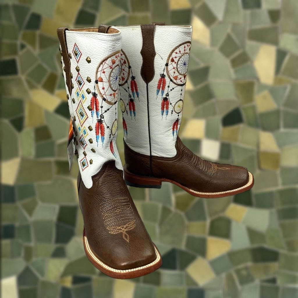 Vintage VINTAGE Ferrini Western Boots Womens Size 8.5 Leather Cowgirl Square Toe Studded Southwestern Brown and White 90s Size US 8.5 / IT 38.5 - 1 Thumbnail