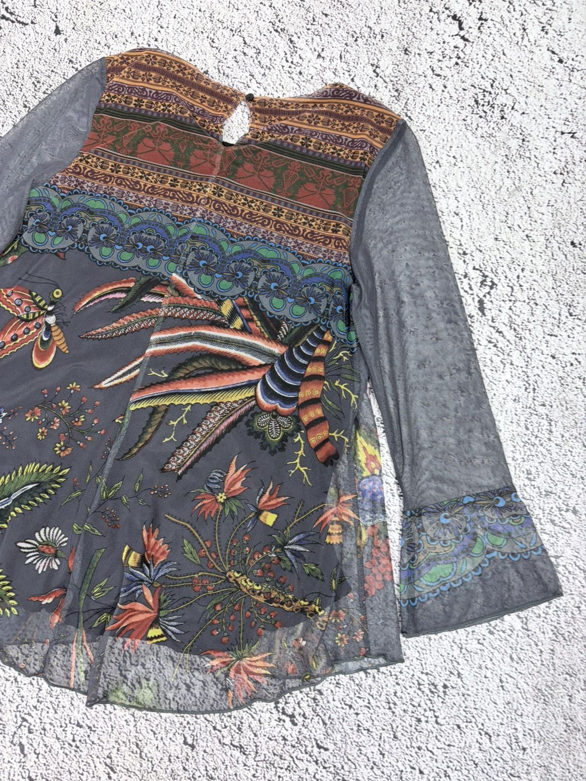 Jean Paul Gaultier Desigual Mesh Long Sleeve Boho Top Floral Graphic Print L Size L / US 10 / IT 46 - 8 Thumbnail