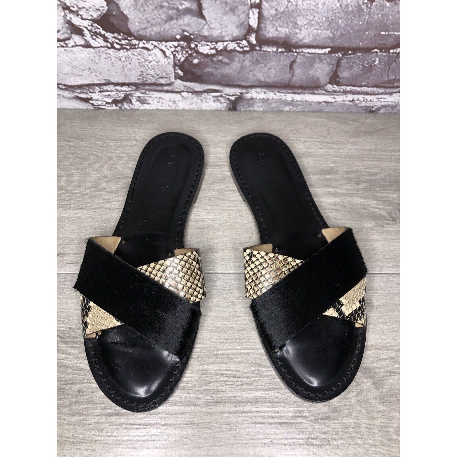 Other Amanu Black Calf Hair Leather Python Cross Strap Slides Sand Size US 9 / IT 39 - 16 Thumbnail