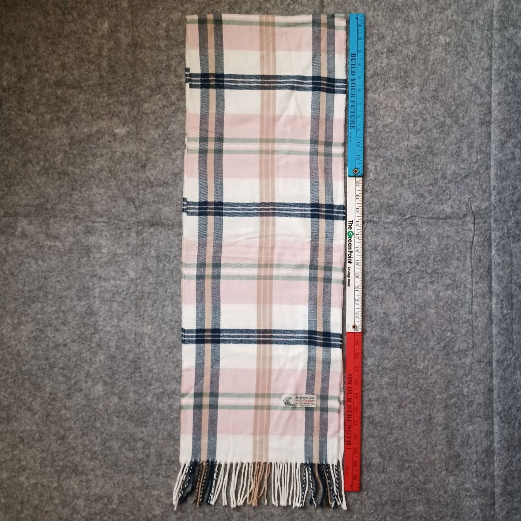 Vintage Italy Design Cashmere Feel Scarf Rectangle Pink Ivory Blue Plaid Fringe Winter Women Size ONE SIZE - 4 Thumbnail