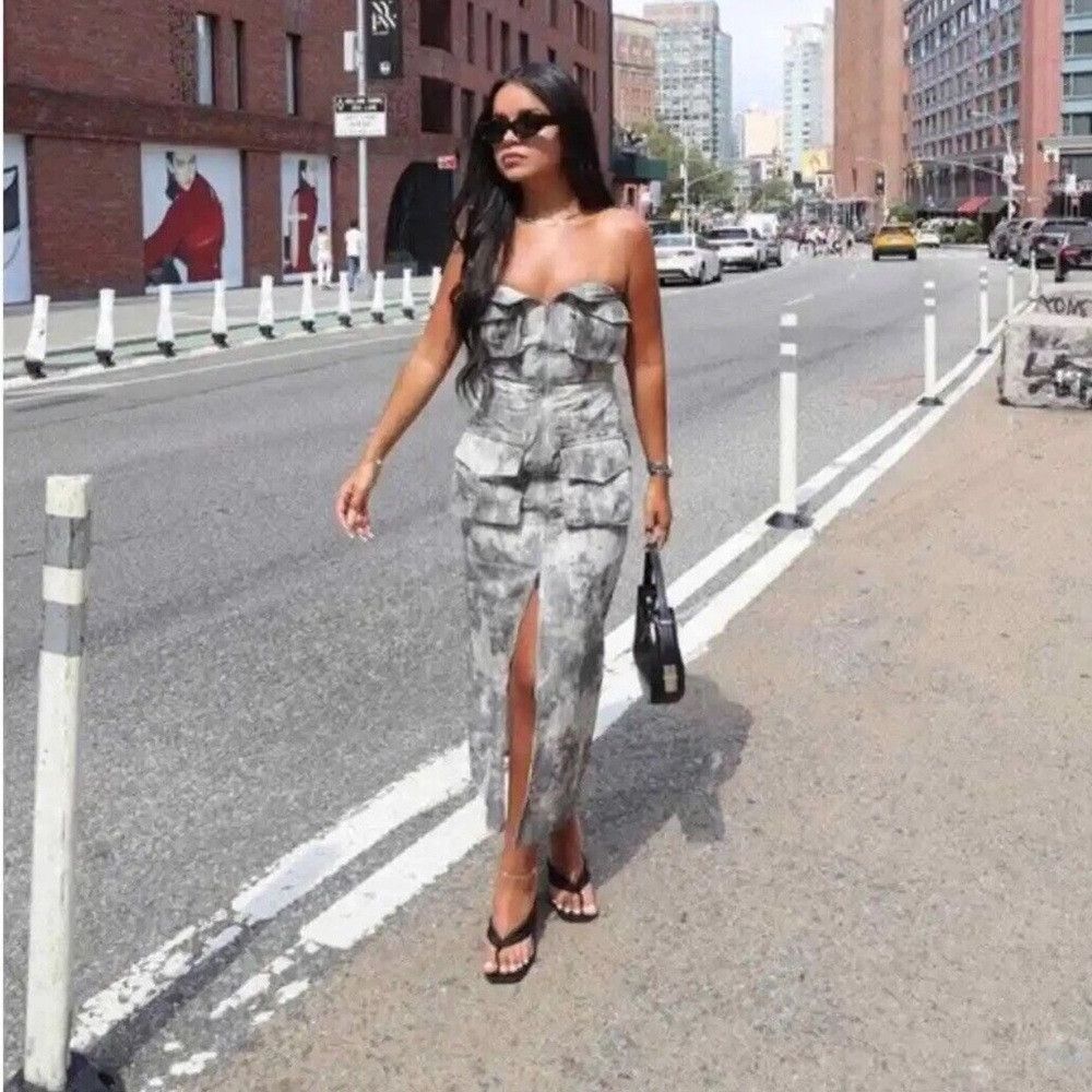 Zara NWT ZARA 100% Cotton Strapless Printed Cargo Midi Dress Size XS / US 0-2 / IT 36-38 - 3 Thumbnail