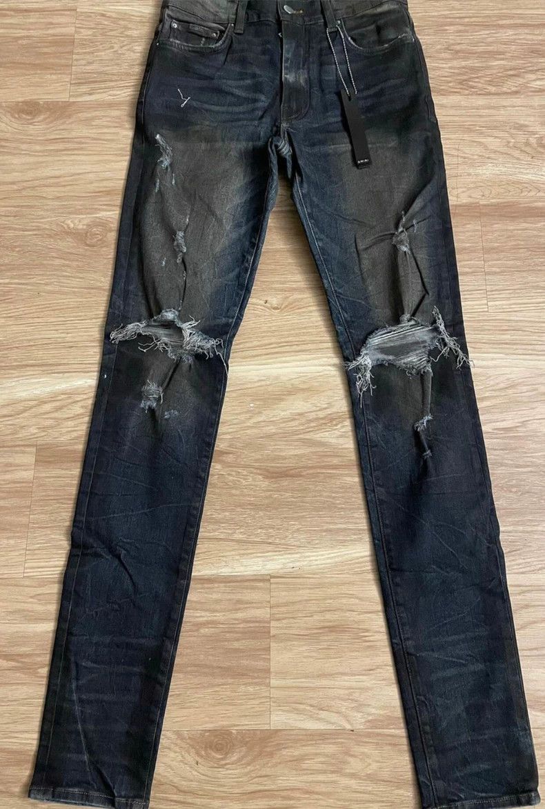 Amiri Amiri oil-stained double knee destroyed blue denim Size US 31 - 1 Thumbnail