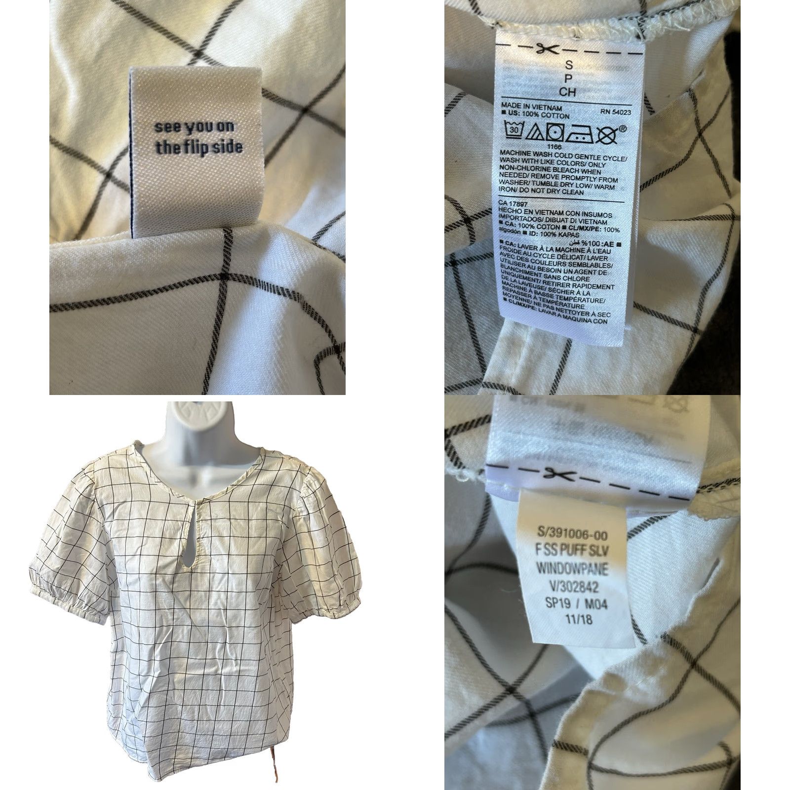 Old Navy Old Navy Blouse Shirt Women Small White Gray Window Pane Design Short Sleeve V-Neck Keyhole Knit 100% Cotton Multicolor Summer Casual Womens Size S / US 4 / IT 40 - 9 Thumbnail