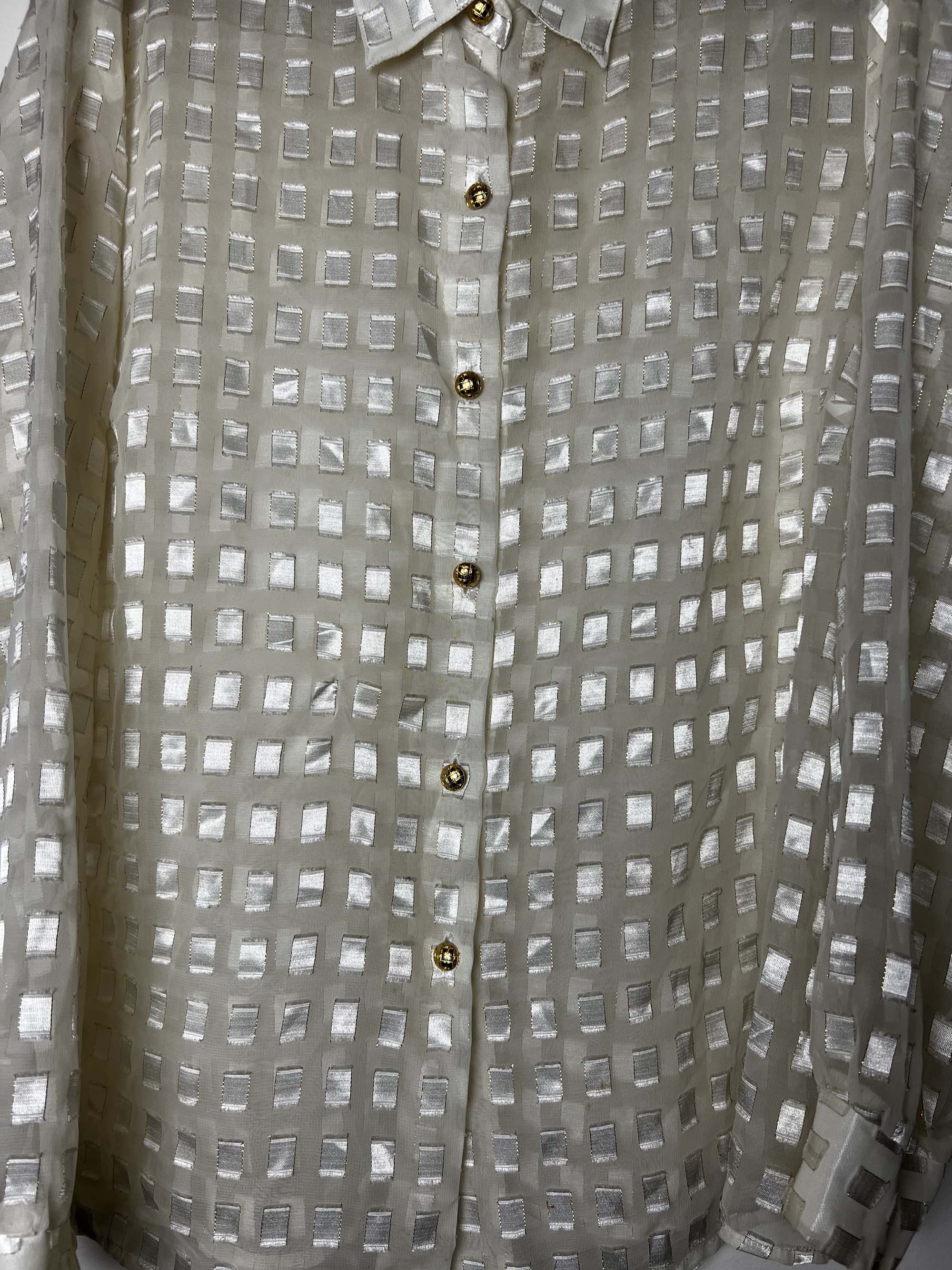 Vintage Vintage 1980's White Gold Block Patterned Sheer Button Up Size L / US 10 / IT 46 - 2 Thumbnail