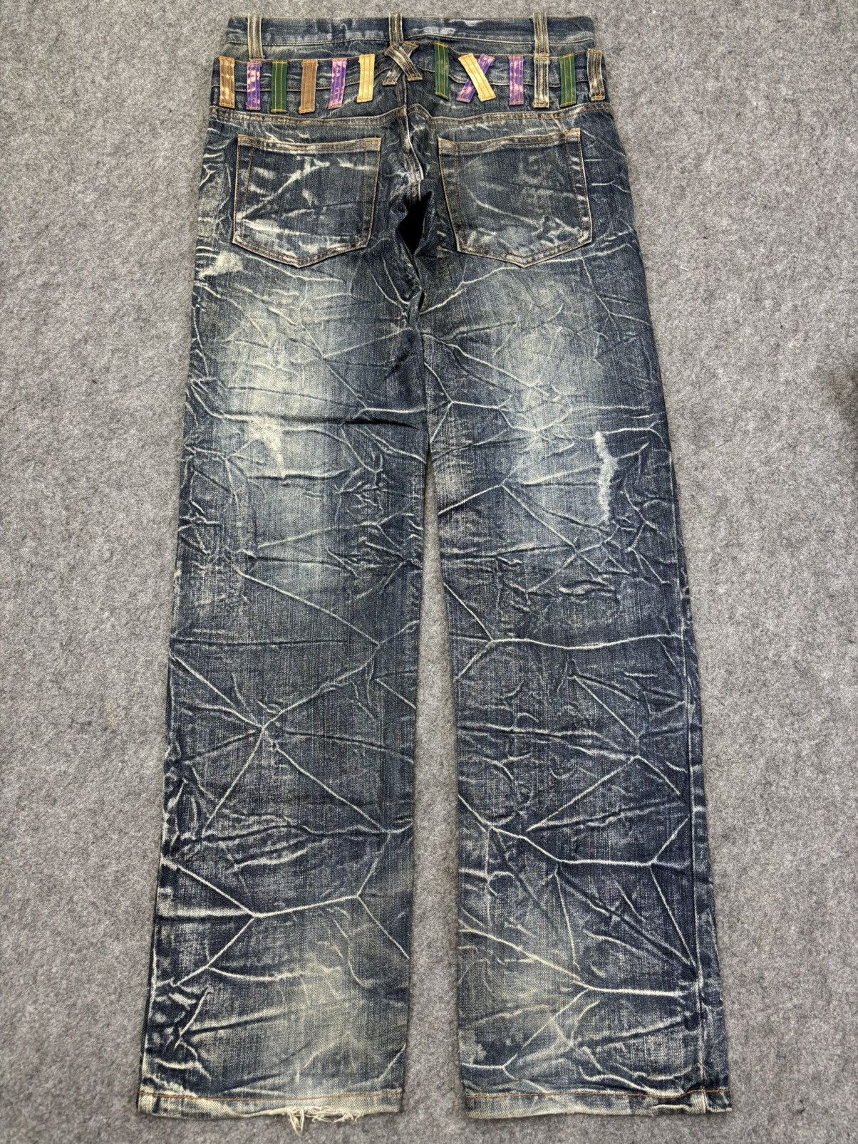 Japanese Brand 💥Double Waist💥Nylaus Thunder Fades Distressed Denim F983 Size US 31 - 12 Thumbnail