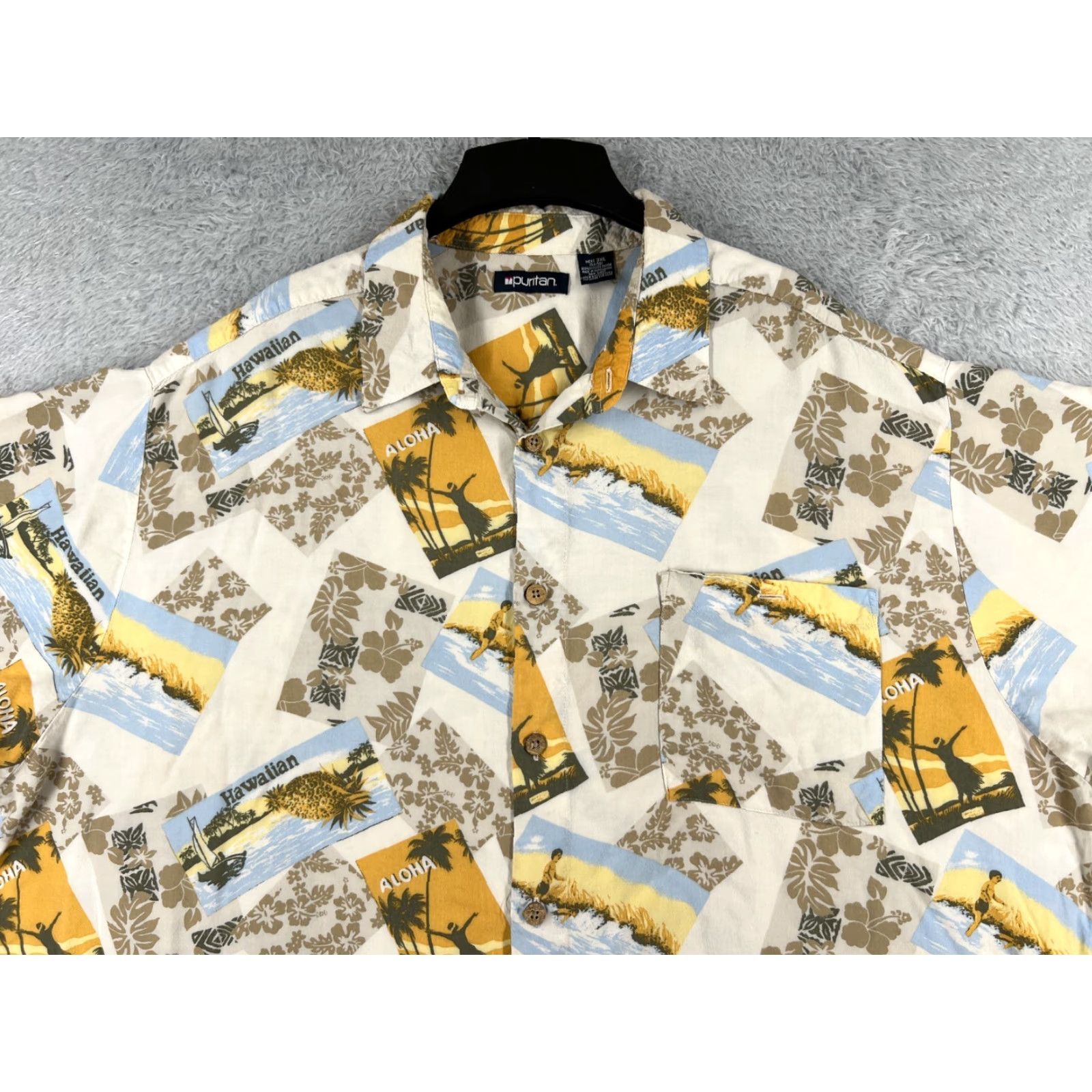 Vintage VINTAGE Puritan Shirt Mens 3XL Beige Post Card Print 100% Rayon Beach Hawaiian Shirt Beach Hawaiian 3XL Mens Beige Puritan 成人? Size US XXL / EU 58 / 5 - 4 Thumbnail