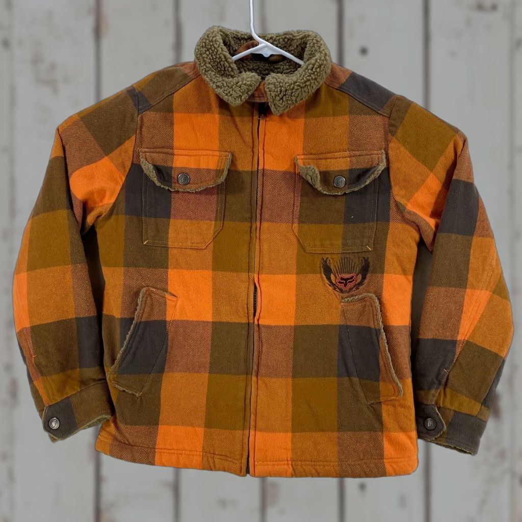 Fox Racing VINTAGE Fox Racing Plaid Lined Zip Up Jacket Sherpa Orange Gray Mens Size S Coat/Coat Jacket Size US S / EU 44-46 / 1 - 1 Thumbnail