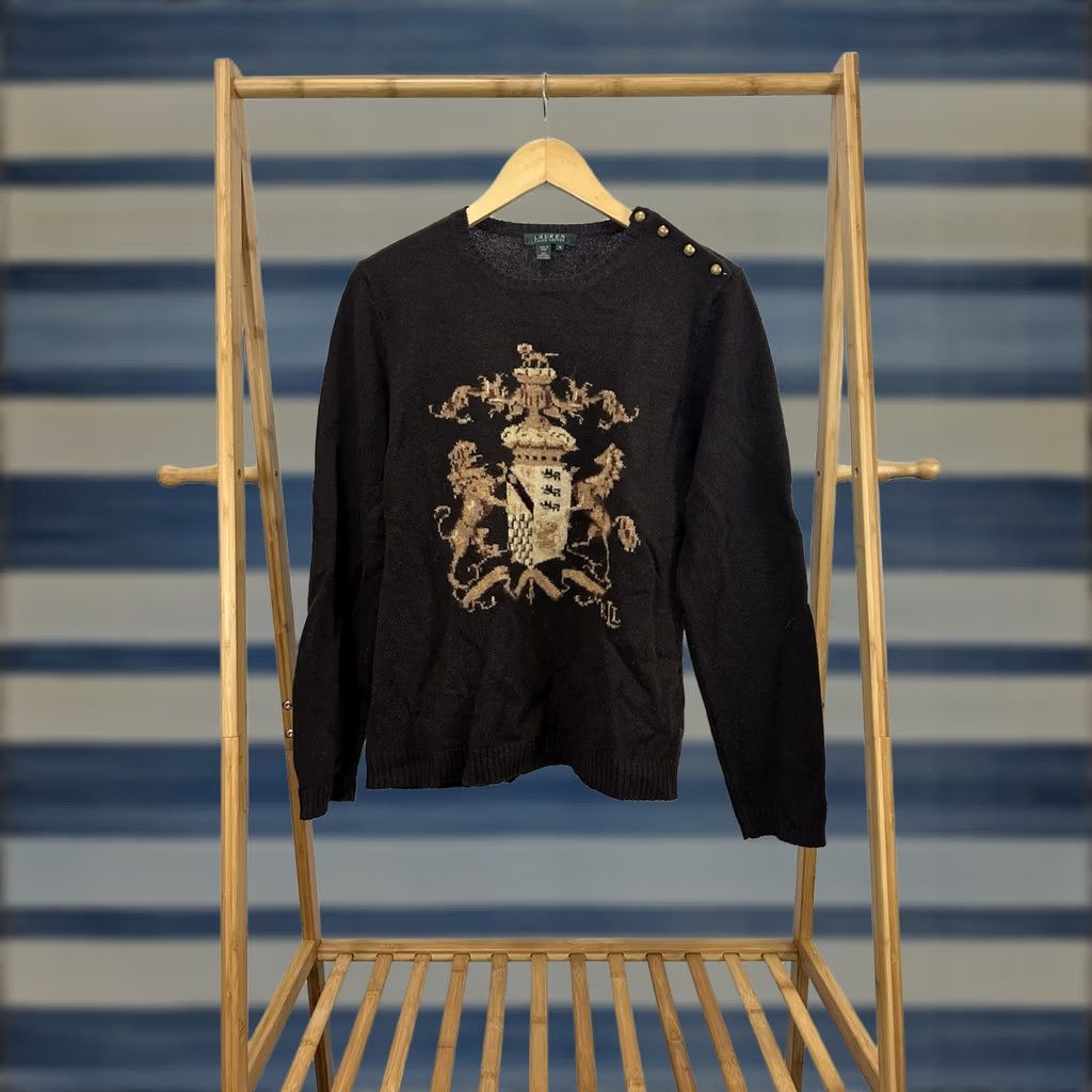Ralph Lauren VINTAGE Lauren Ralph Lauren Women's Lambswool Pullover Sweater XL Brown Lion Royal Crest Size XL / US 12-14 / IT 48-50 - 1 Thumbnail