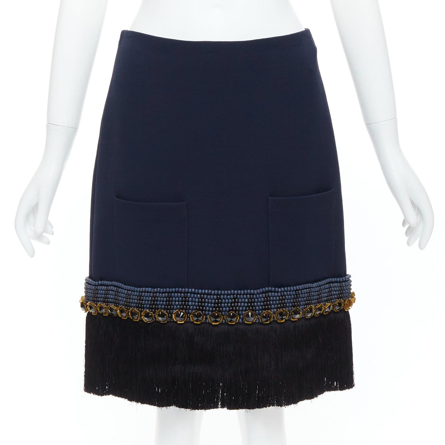 Marni MARNI navy bead black crystal fringe embellished hem knee skirt IT38 XS Size 26" / US 2 / IT 38 - 1 Thumbnail