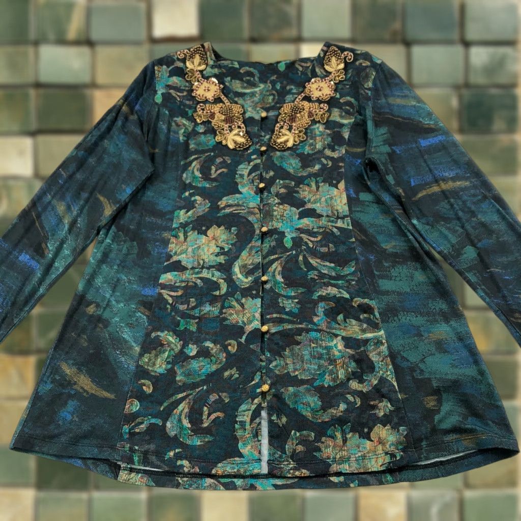 Soft Surroundings Soft Surroundings Blouse Shirt Tunic Womens M Green Beaded Button Top 2FN85 Del Bosque Starry Night Mint Fantasy Vintage: No Size M / US 6-8 / IT 42-44 - 1 Thumbnail