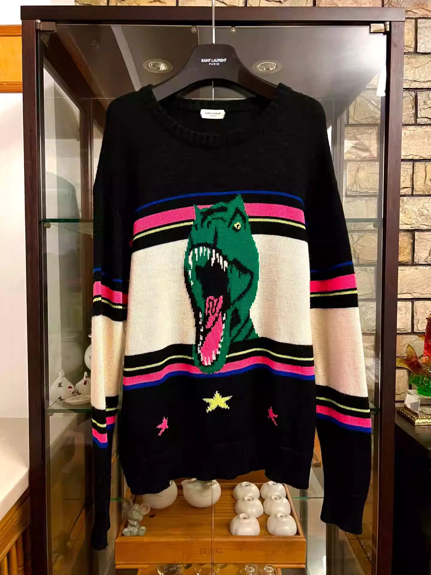image of Saint Laurent Paris Saint Laurent Pink Dinosaur Sweater in Black, Men's (Size XS)
