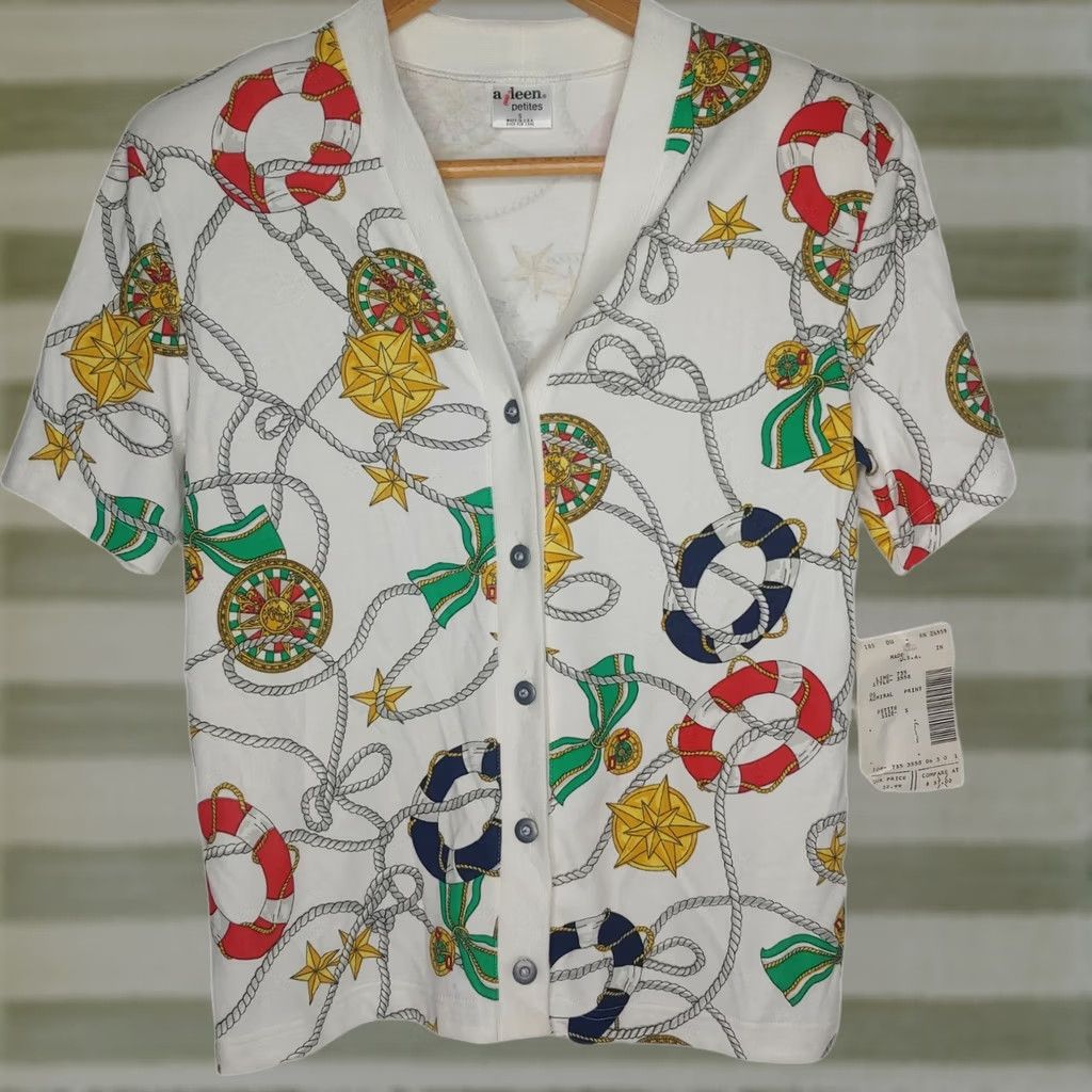 Nautica VINTAGE Aileen Petite Shirt Small Nautical Print Button Sail Boating Cardigan Button Up T Mens Womens Girls Boys Size S / US 4 / IT 40 - 1 Thumbnail
