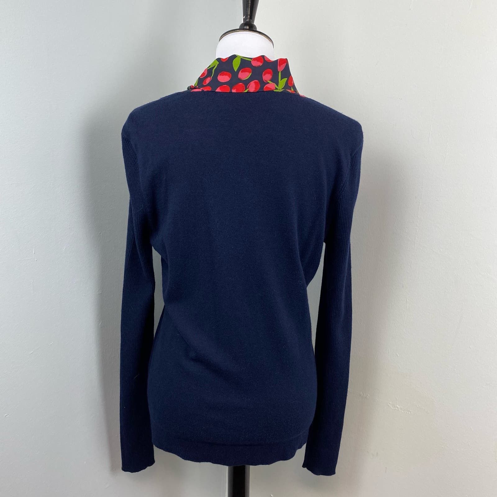 Tory Burch Tory Burch Navy Cashmere Silk Cherry Print Neck Tie Sweater Size L / US 10 / IT 46 - 5 Thumbnail