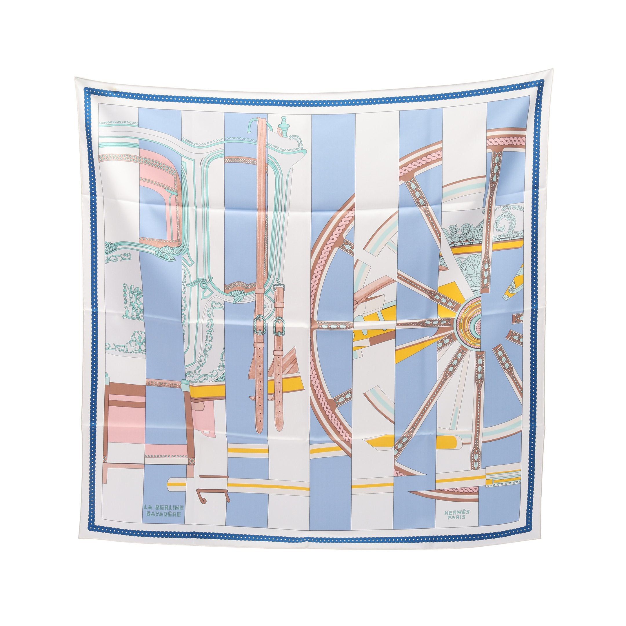 Hermes Carres 90 La Berline Bayadere Scarf Silk White Light Blue Multicolor