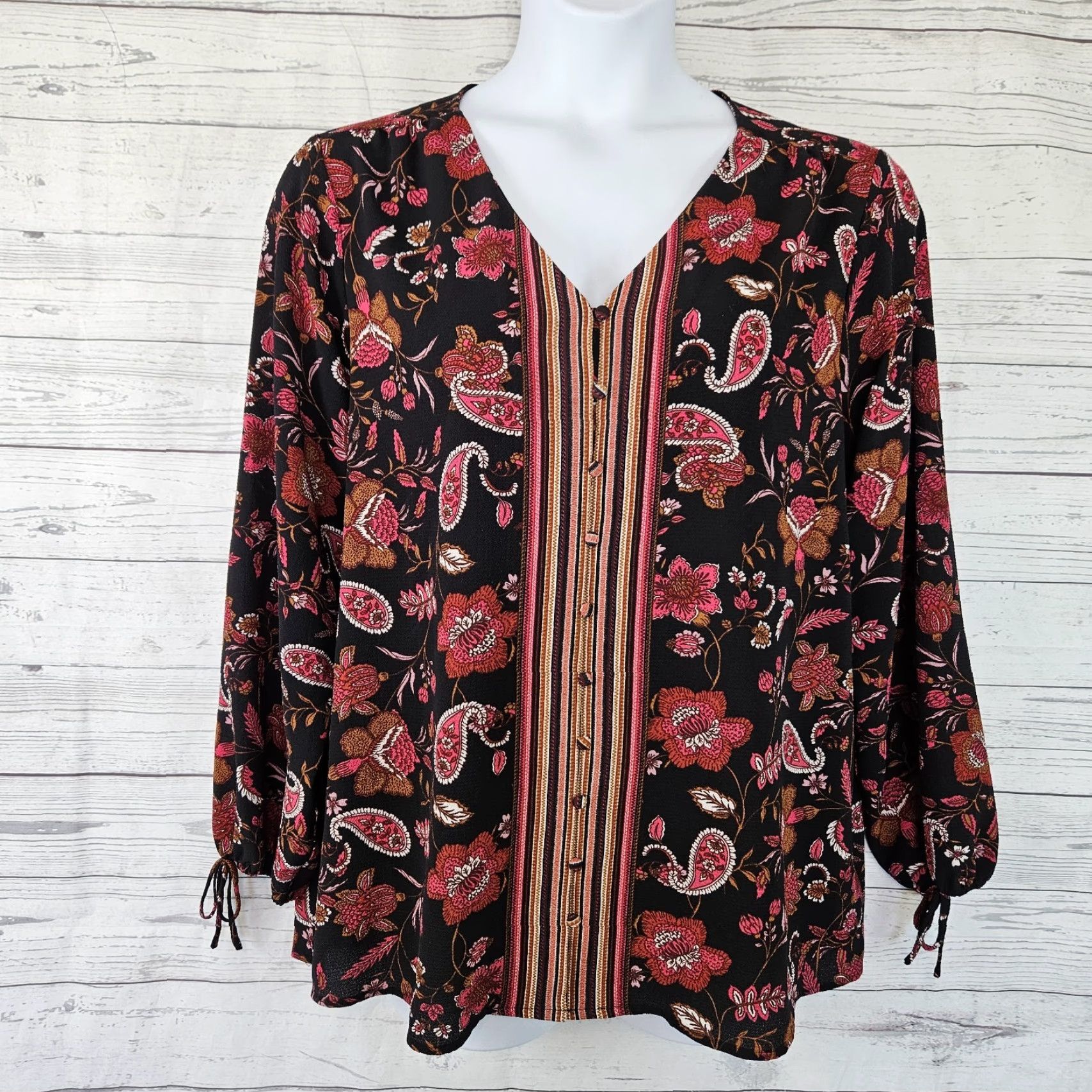 Vintage Zac & Rachel Womens Top 1X Black Pink Floral Paisley Long Sleeve V-Neck Blouse Size XL / US 12-14 / IT 48-50 - 2 Thumbnail
