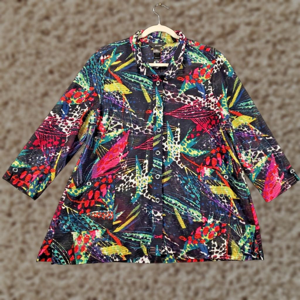 Vintage Ali Miles Top Womens Large Black Neon Open Knit Sheer Button Up Wire Neck Artsy Size L / US 10 / IT 46 - 1 Thumbnail