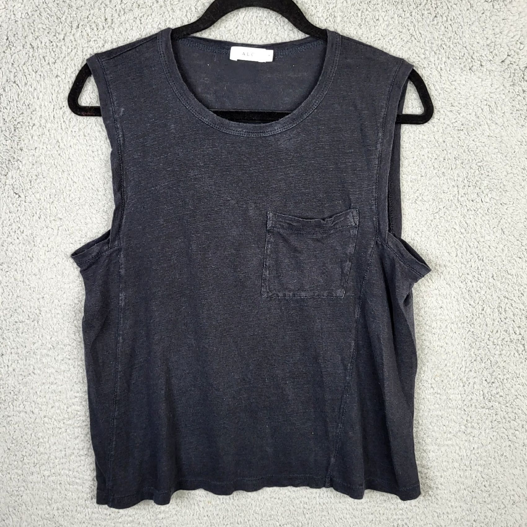 Vintage A.L.C Tank Top Women’s Black Linen Pocket Front Size M Sleeveless 100% Knit Shirt Blouse Casual Summer Spring Regular Womens Size M / US 6-8 / IT 42-44 - 2 Thumbnail