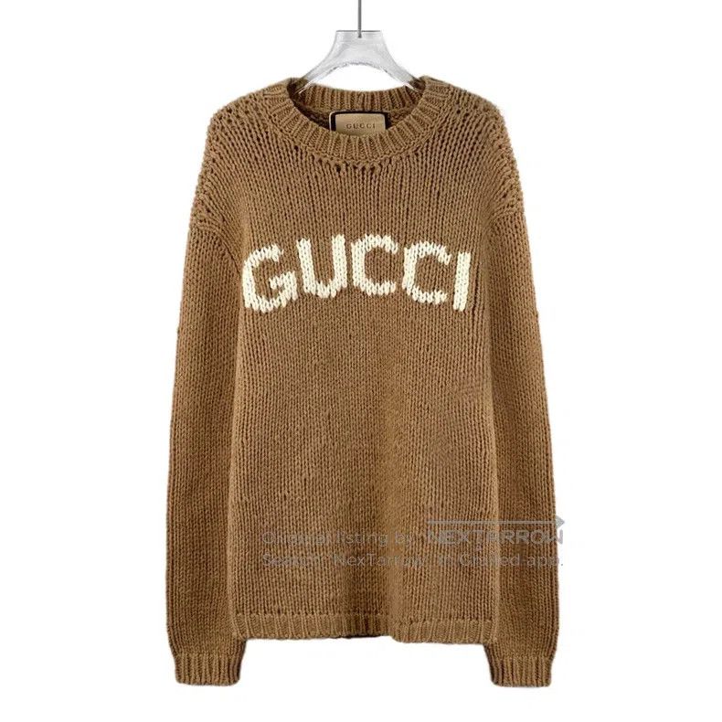 Gucci Brown logo letter inlaid wool round neck long-sleeve