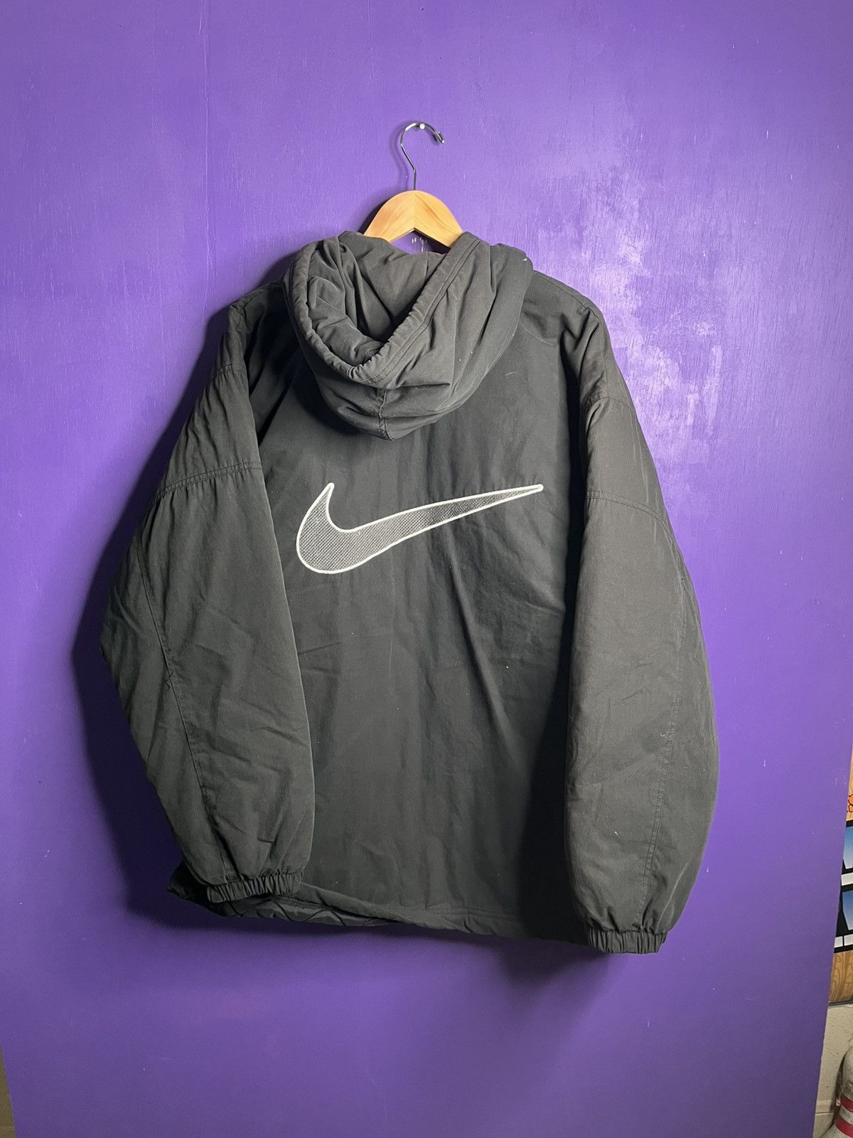 Nike × Vintage Vintage 90s Nike big back swoosh puffer trench coat Size US XL / EU 56 / 4 - 2 Thumbnail
