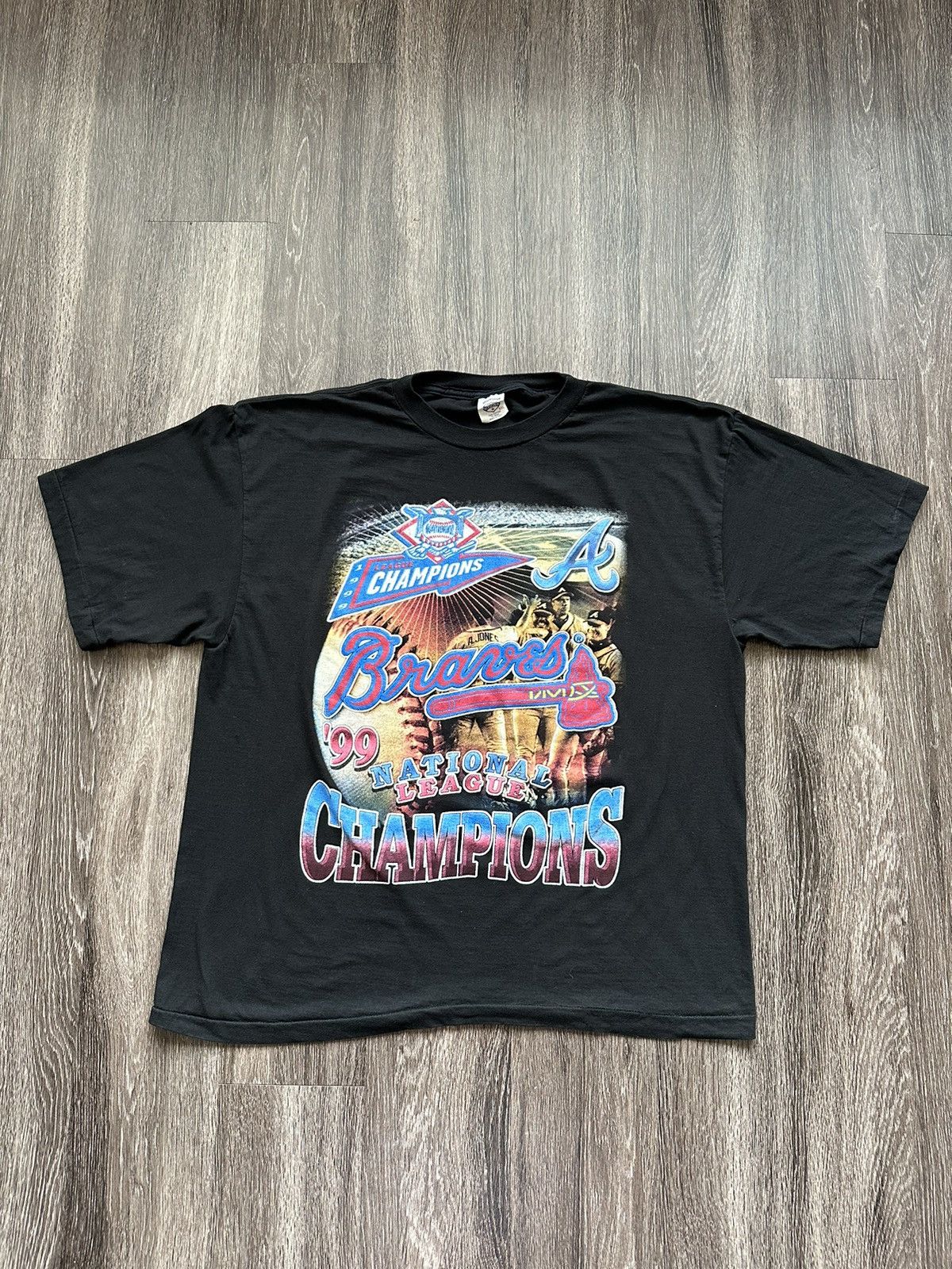 image of VTG 90's Atlanta Braves Rap Tee 1999 Champions World Series in Black, Men's (Size XL)