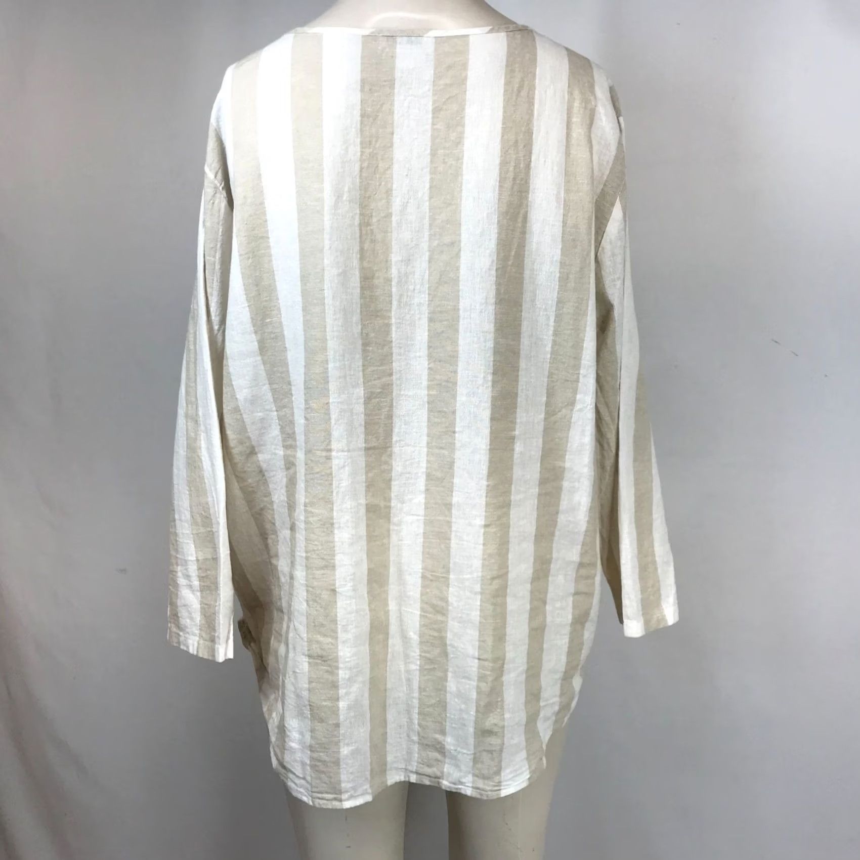 Van Heusen VAN HEUSEN WOMEN'S XL TAN/WHITE STRIPE 3/4 SLEEVE V NECK LINEN BLEND TOP Size XL / US 12-14 / IT 48-50 - 5 Thumbnail