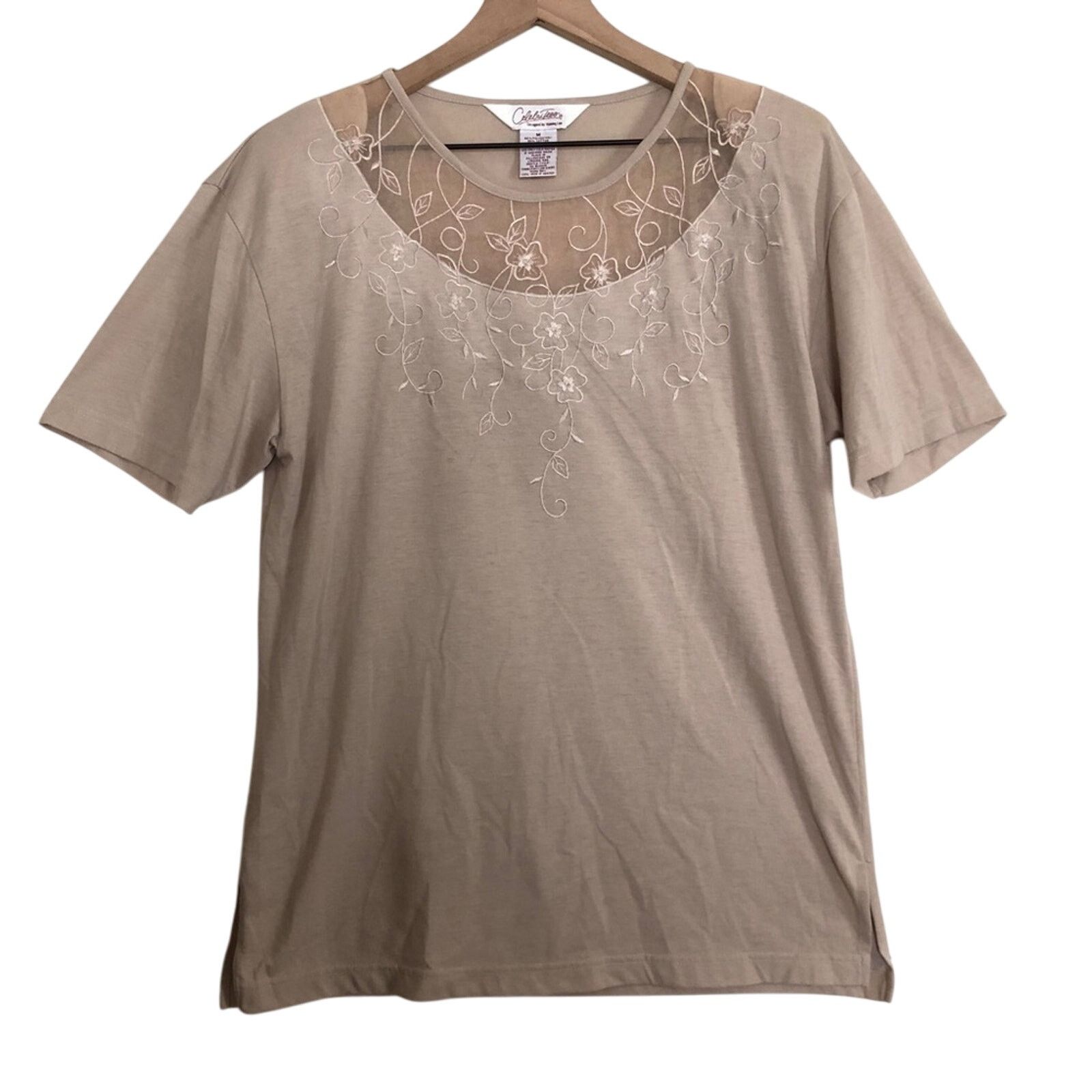 Other Vintage 80s Celebritees Tan Floral Embroidered T-Shirt Top Size M / US 6-8 / IT 42-44 - 1 Thumbnail