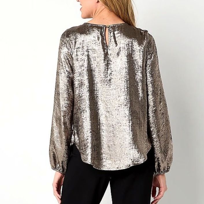 Liz Claiborne Liz Claiborne Blouse Gold Satin Round Neck Balloon Sleeve M Womens Size M / US 6-8 / IT 42-44 - 2 Thumbnail