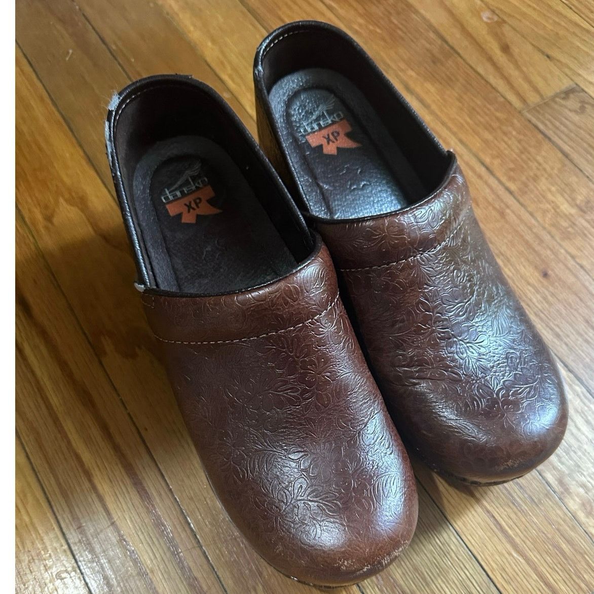 Dansko Embossed Floral Leather Clogs Shoes in Brown, Women's (Size 9)