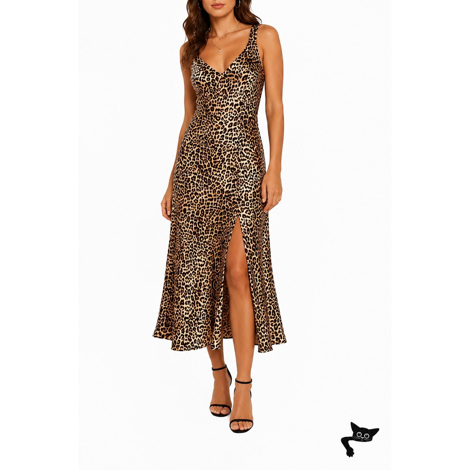 Other Dance & Marvel Tan Black Satin Cheetah V-Neck Midi Dress L Size L / US 10 / IT 46 - 2 Thumbnail