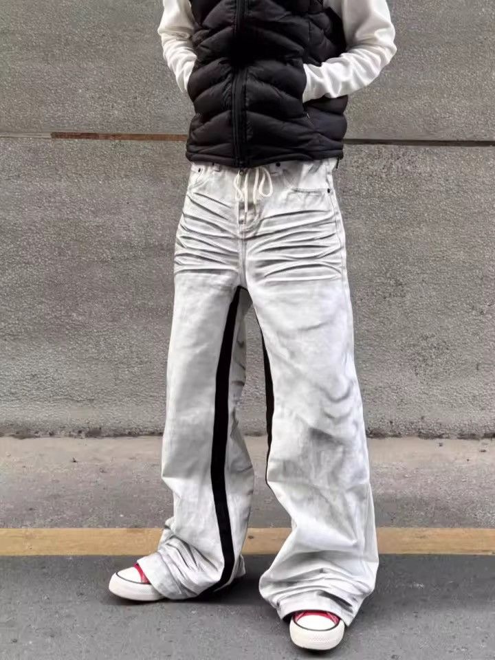 Japanese Brand Stacked Ruched Flare Denim – White Grey Wash Cargo Carpenter Size US 27 - 1 Thumbnail