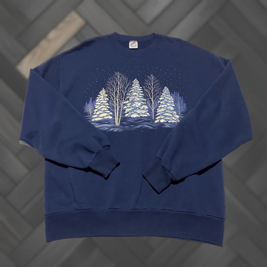 VINTAGE Jerzees Sweatshirt Mens Large Navy 90s 50/50 Fleece Crewneck Graphic Print Winter Trees United States Made in USA