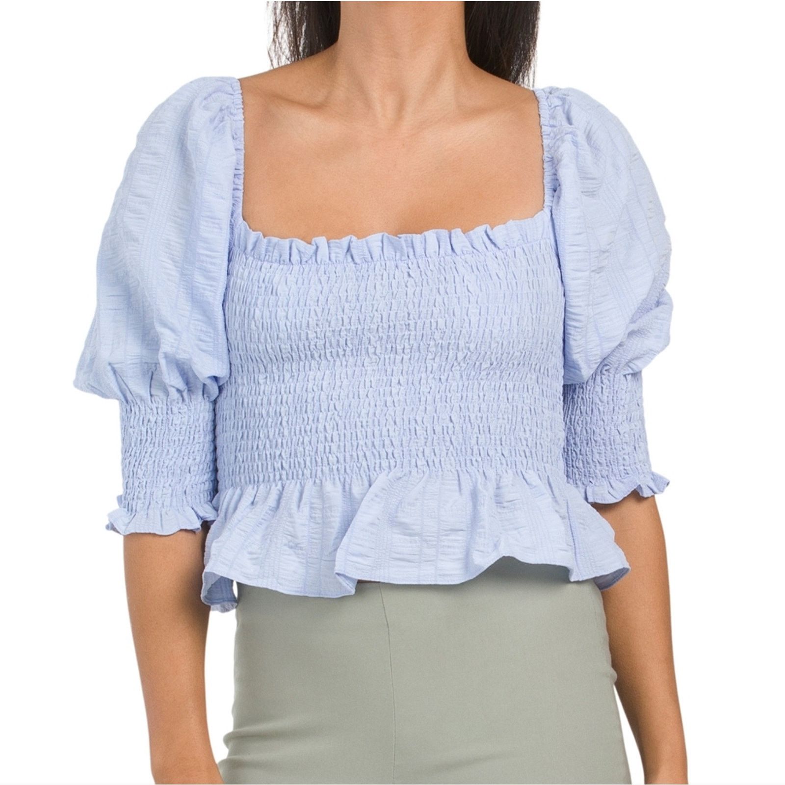 Anthropologie Blue Smocked Cropped Peplum Blouse Size Large Size L / US 10 / IT 46 - 2 Thumbnail