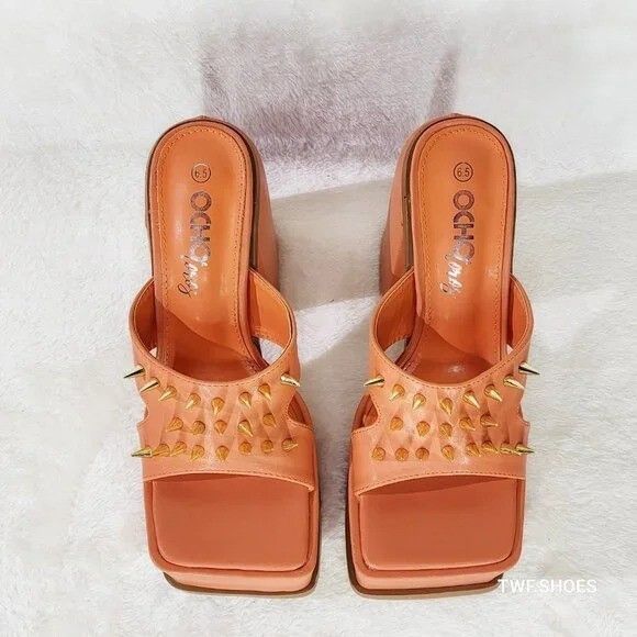 Other Orange Slip On Square Open Toe Chunky Platform Sandals Spike Size US 8 / IT 38 - 1 Thumbnail