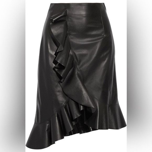 Lanvin Lanvin 16 Black Lambskin Leather Tulip Ruffle Midi Pencil Sk Size 28" / US 6 / IT 42 - 2 Thumbnail